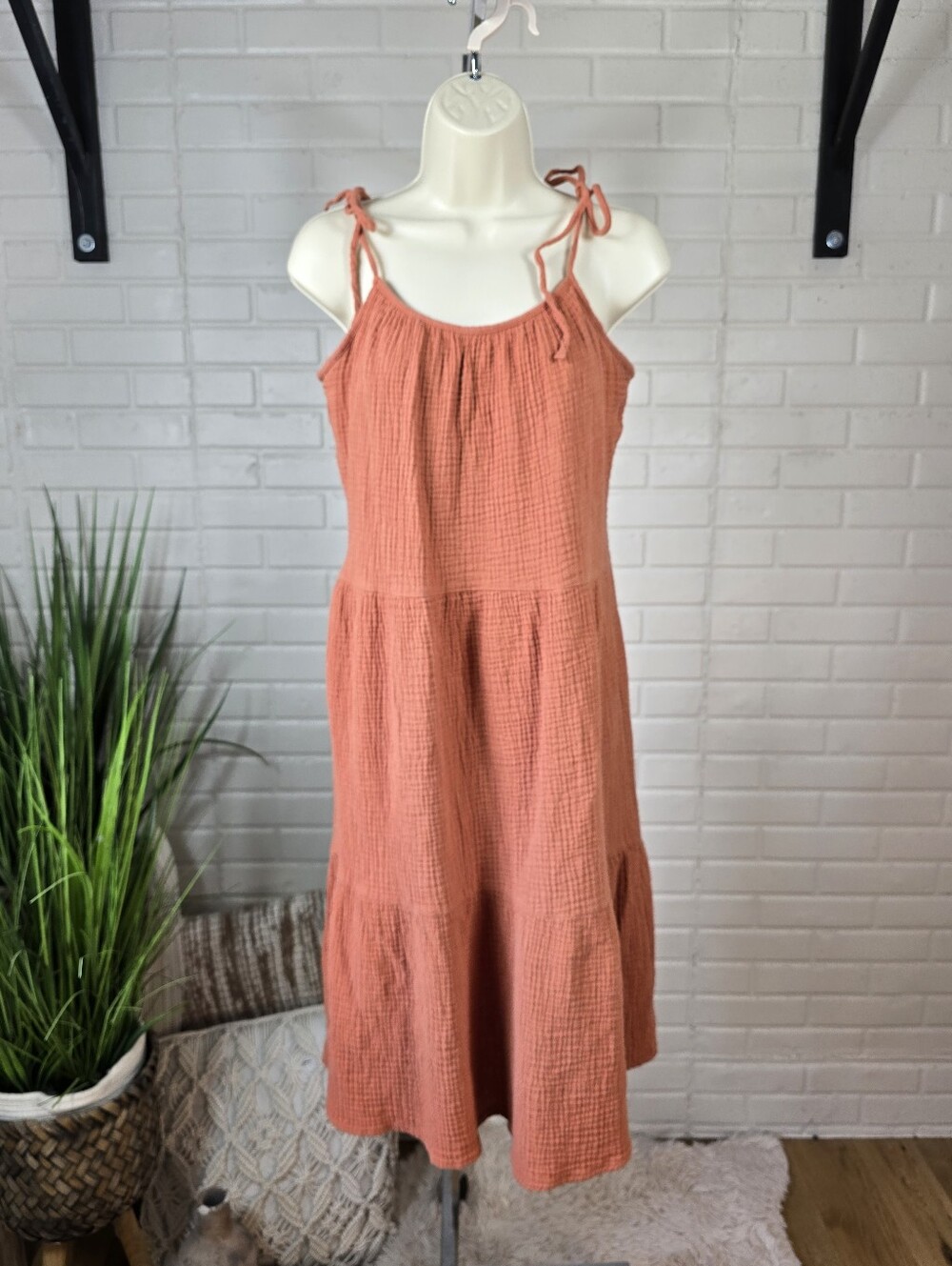 New In Rust Tie Shoulder Cotton Gauze Midi Dress Small